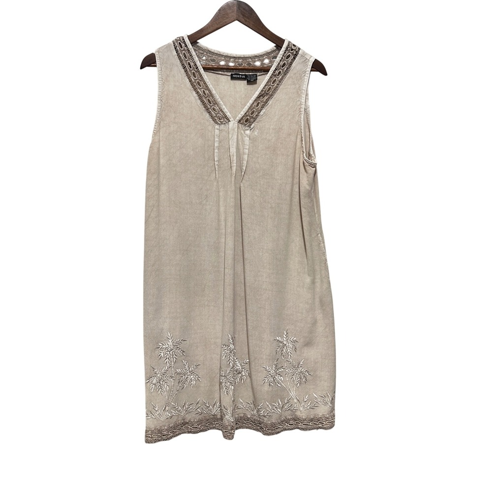 Womens Coastal Boho Embroidered Dress 3X Tan Palm Tree Eyelet Artsy Lagenlook